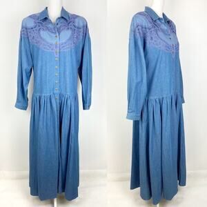 80s Vintage Drop Waist Button Front Jean Dress Large
